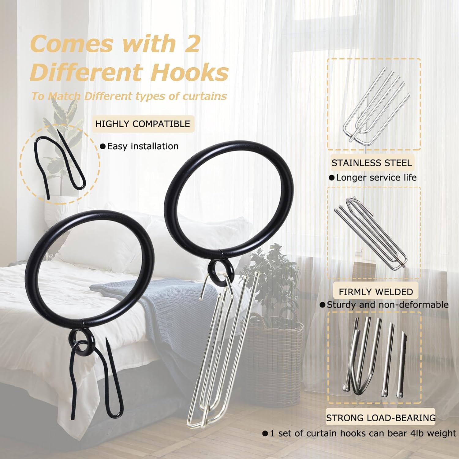 120PCS Stainless 4 Prongs Pinch Pleat Drapery Hooks and Metal Pin Hooks with 1.5in Rod Rings with Eyelets Only for Pinch Pleat Curtain for Door Bathroom Dining Room Heavy Duty Pleated Drapes