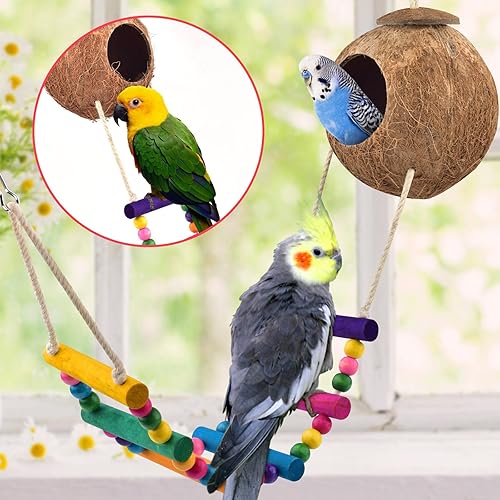 Miniatura 3 de KATUMO Juguetes para pájaros, loro oscilante, escalera, perca, madera, perca, pájaros, masticar, cacatúas, campanas colgantes, juguetes para