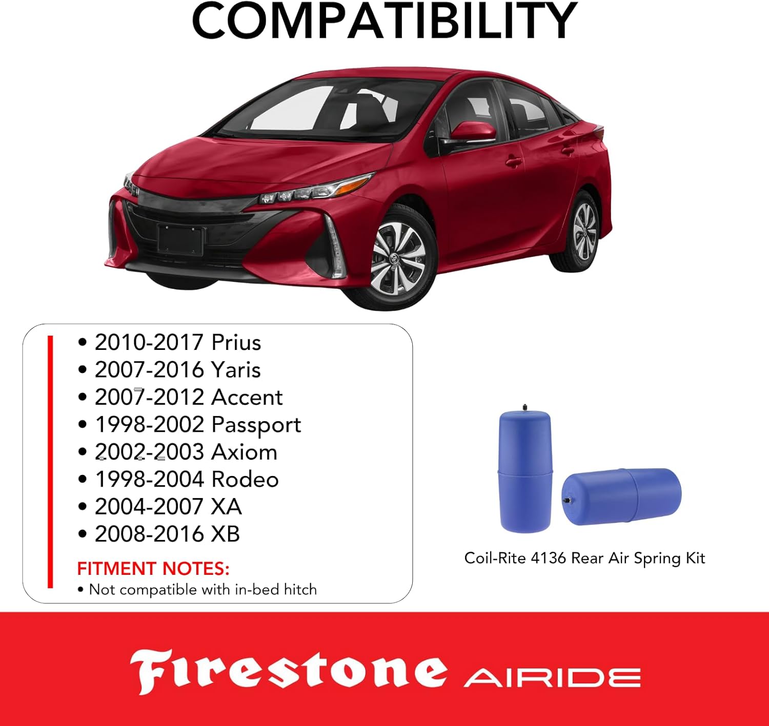 Firestone Airide 4136 Coil-Rite Rear Air Springs Kit fits 2010-2017 Prius and 2007-2012 Accent | 5-35 PSI | No Drill Installation | Load Capacity of 1,000 lbs | Made of Elastic Polyurethane