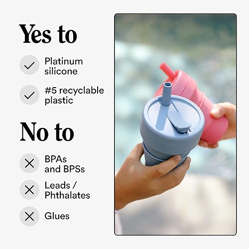 Miniatura 5 de Stojo Jr - Taza de viaje plegable de 8 onzas con pajilla para niños, taza azul reutilizable de silicona a prueba de fugas, tamaño de bolsillo, para