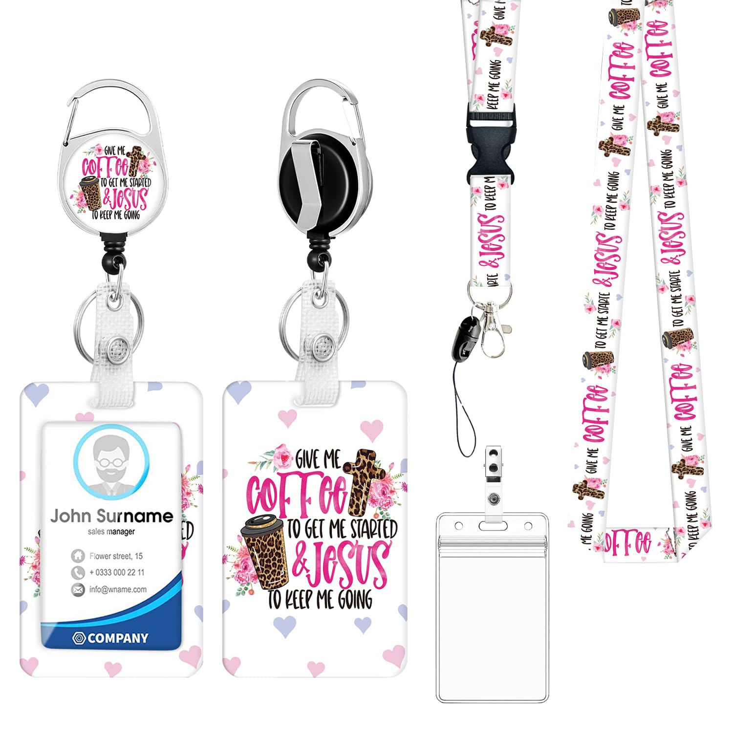 Fashionable ID Badge Holder Lanyard Set - Retractable Badge Reel with Carabiner Clip & Detachable Strap, Vertical Card Protector for Teacher, Doctor, Nurse & Student (White Coffee) — image 1