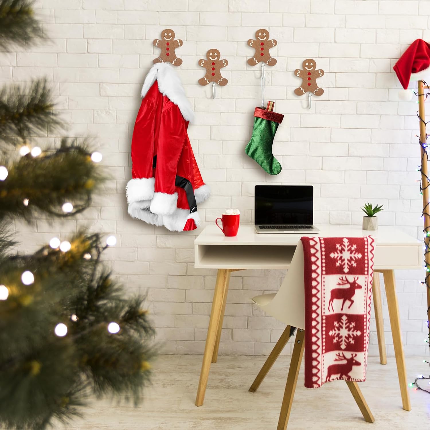Weysat Christmas Stocking Holder Set of 4 Christmas Stocking Hooks Gingerbread Wall Hooks for Towel White Key Holder Bathroom Decor Rustic Decorative for Living Room Bathroom