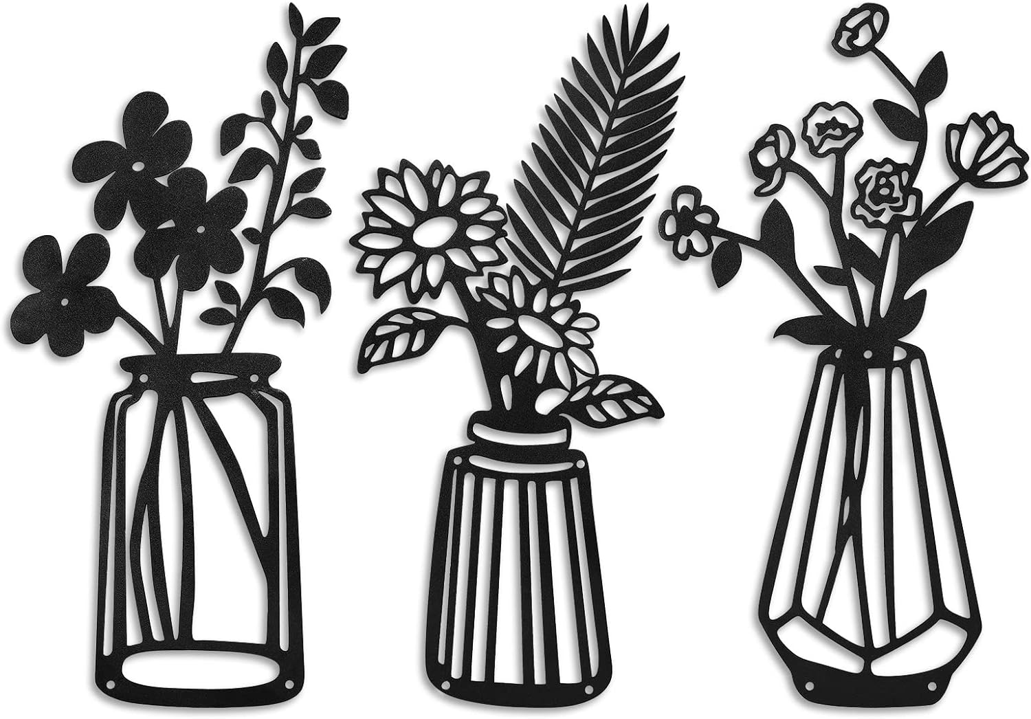 TOCHGREEN 3 Pieces Metal Flower Wall DecorMetal Vase Flowers Wall Arts