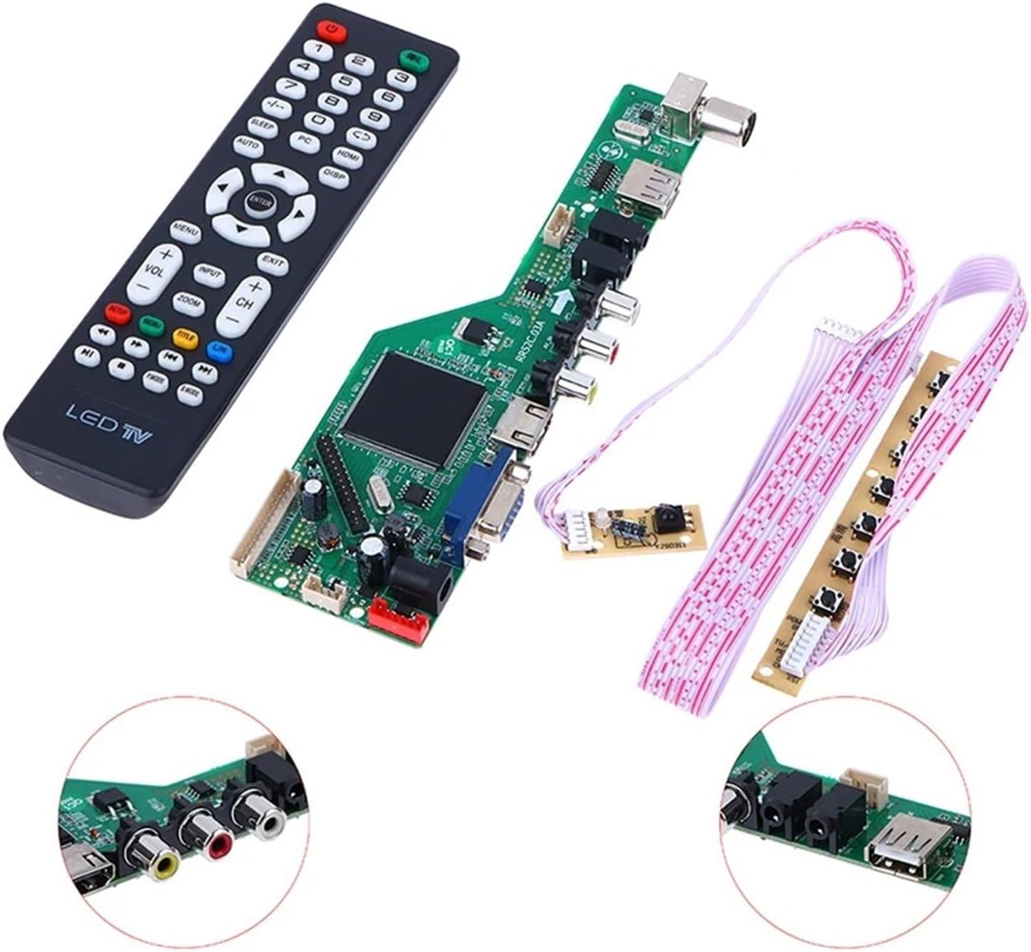 The black remote control for the LCD TV Motherboard Drive Board, featuring standard TV controls like power, channel, volume, menu, and input selection.