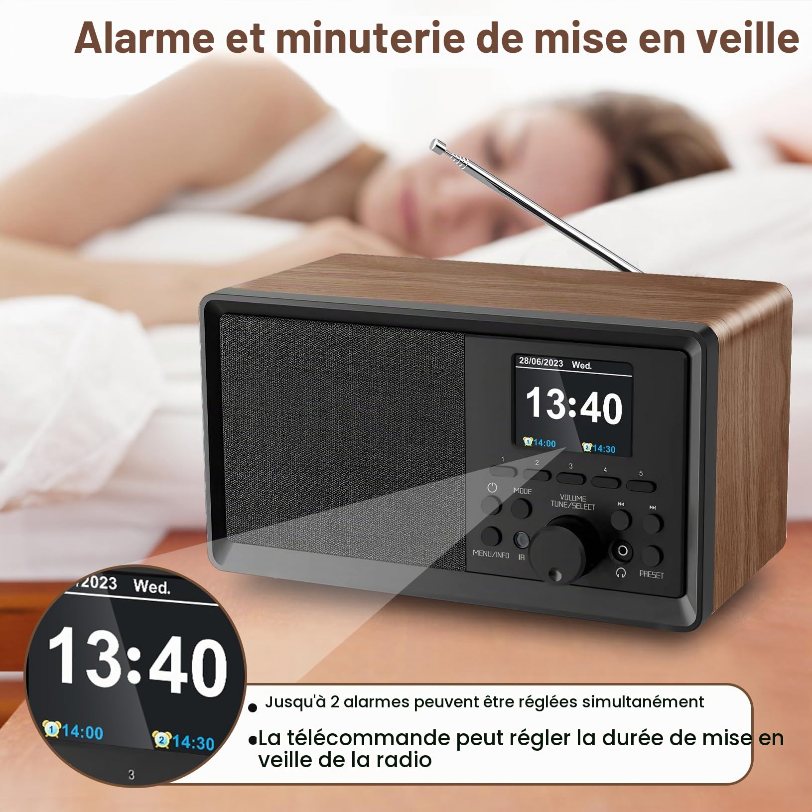 Radio Dab, Dab Plus Numérique Rechargeable avec Bluetooth 5.0, FM Vintage Radio Cuisine ave ctelecommande écran LCD Couleur 2.4, Connexion MicroSD/TF/AUX，RéveilDouble, Minuterie de Veille bois