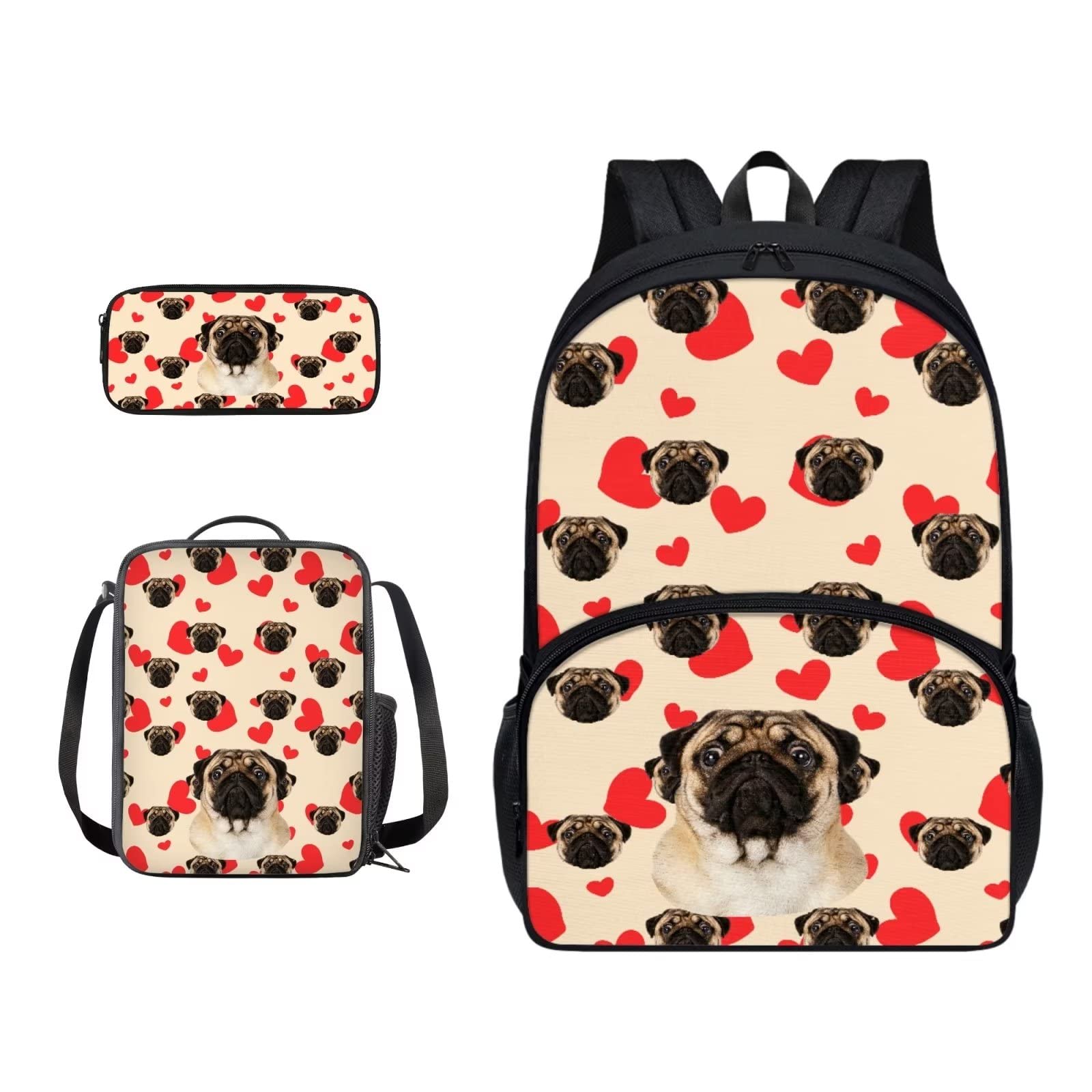 Poceacles Schultasche und Lunchbox-Set für Teenager, Jungen, Grundschule, Büchertasche, Federmäppchen für Grundschulkinder, Mops Hund Herz, Einheitsgröße
