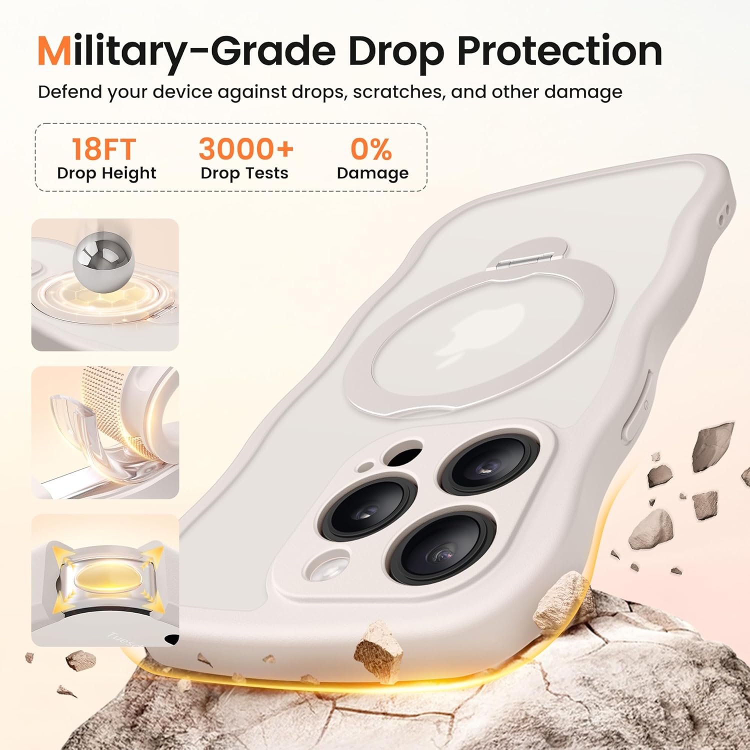 CAPRARO for iPhone 15 Pro Max Case with 360° Spin Magnetic Stand for Women, [Compatible with MagSafe] [Full Camera Protection] Cute Wave Translucent Matte Case for iPhone 15 Pro Max, Stone - Image 6