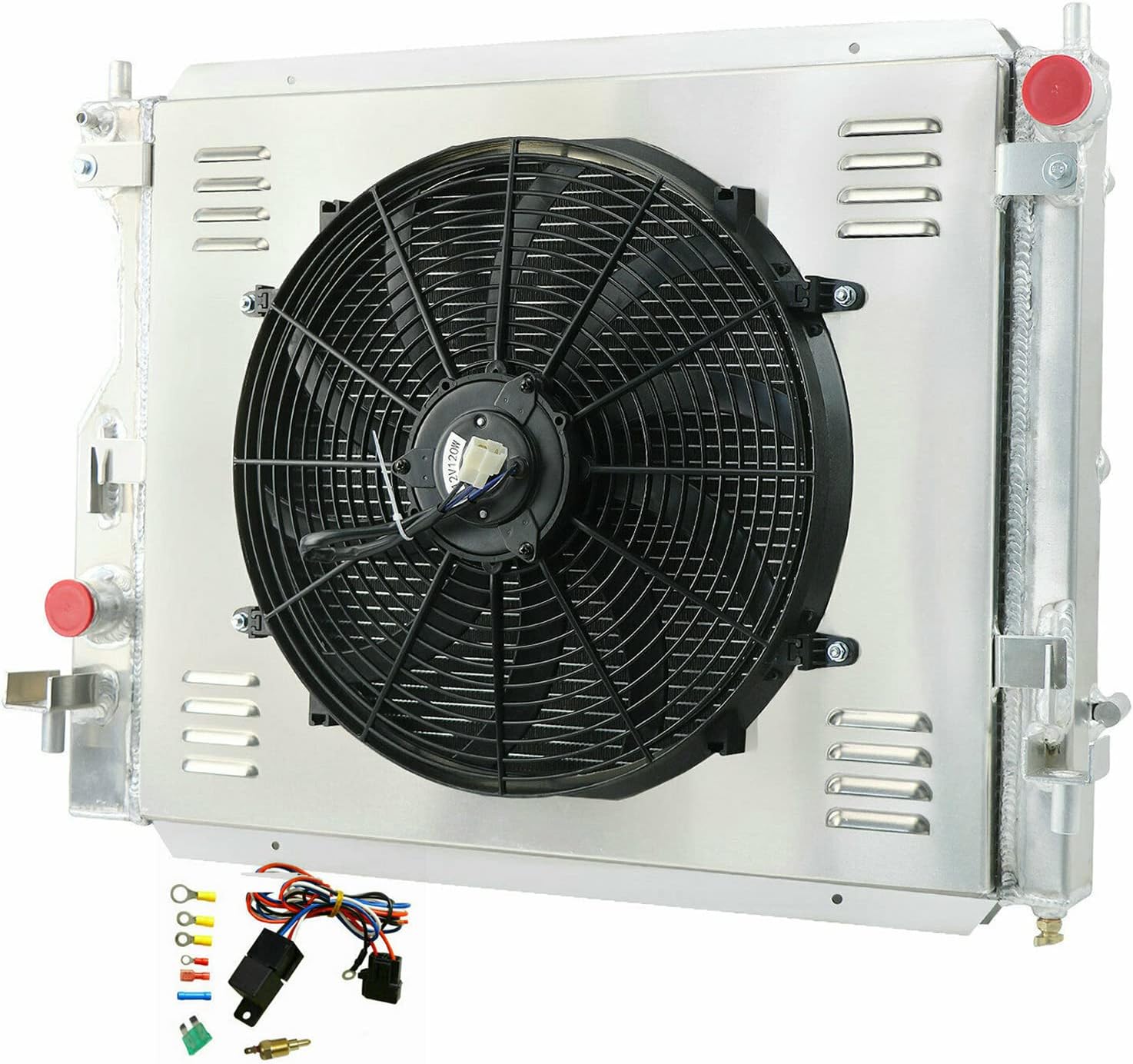Aluminum Radiator for 2005-2014 Ford Mustang 4.6L 5.0L V8 4.0L 3.7L V6 2006 2007 2008 2009 2010 2011 2012 2013 Radiators 3 Row Core 16" Fans Relay