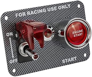 Jtron DC12V Racing Car Ignition Switch Panel Carbon Fiber Rocking Switch+Engine Start Push Button with Red Indicator Light (Red)