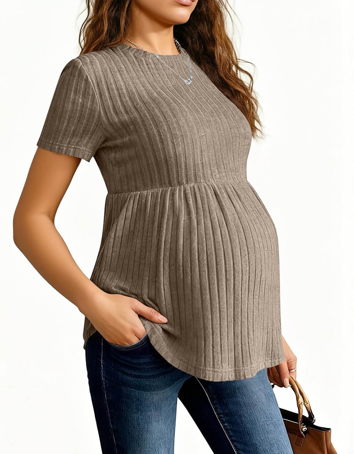 Women's Maternity T Shirt Ruffle Hem Short Sleeve Crewneck Ribbed Knit Peplum Tee Tops Casual Summer Pregnant Clothes