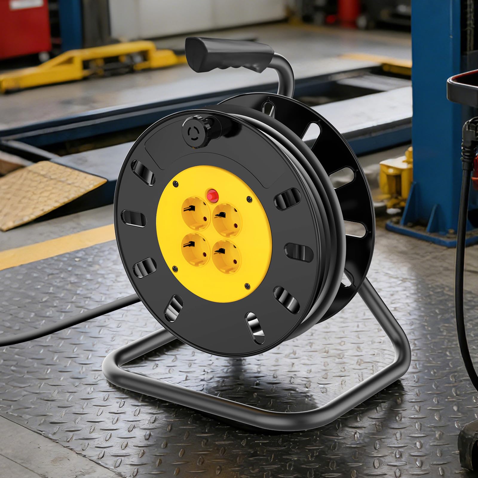 Bobine de câble d'alimentation 4 prises, avec support, 50 m, bobine de câble d'alimentation, enroulable, découpe thermique, puissance de travail, prise européenne 13 A