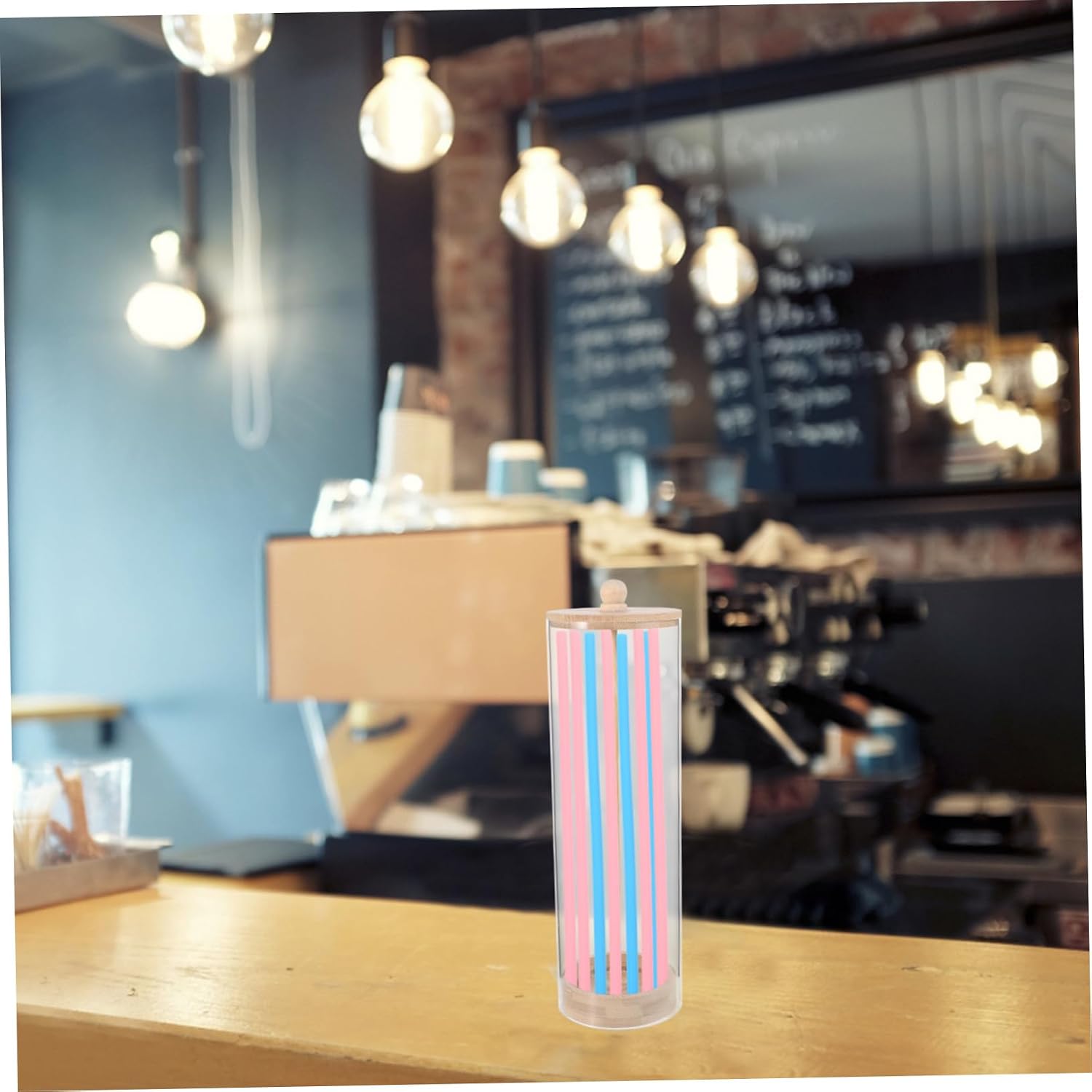 Straw Organizer Wooden Lid Multi-functional Storage for Kitchen Countertop and Office Space Saving Design