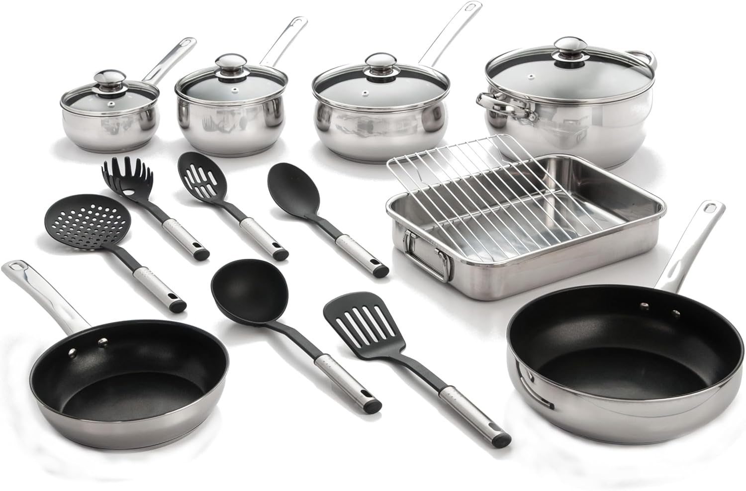 18 Piece 18/10 Belly Shaped Cookware Set w/ Encapsulated Base & Nonstick coating