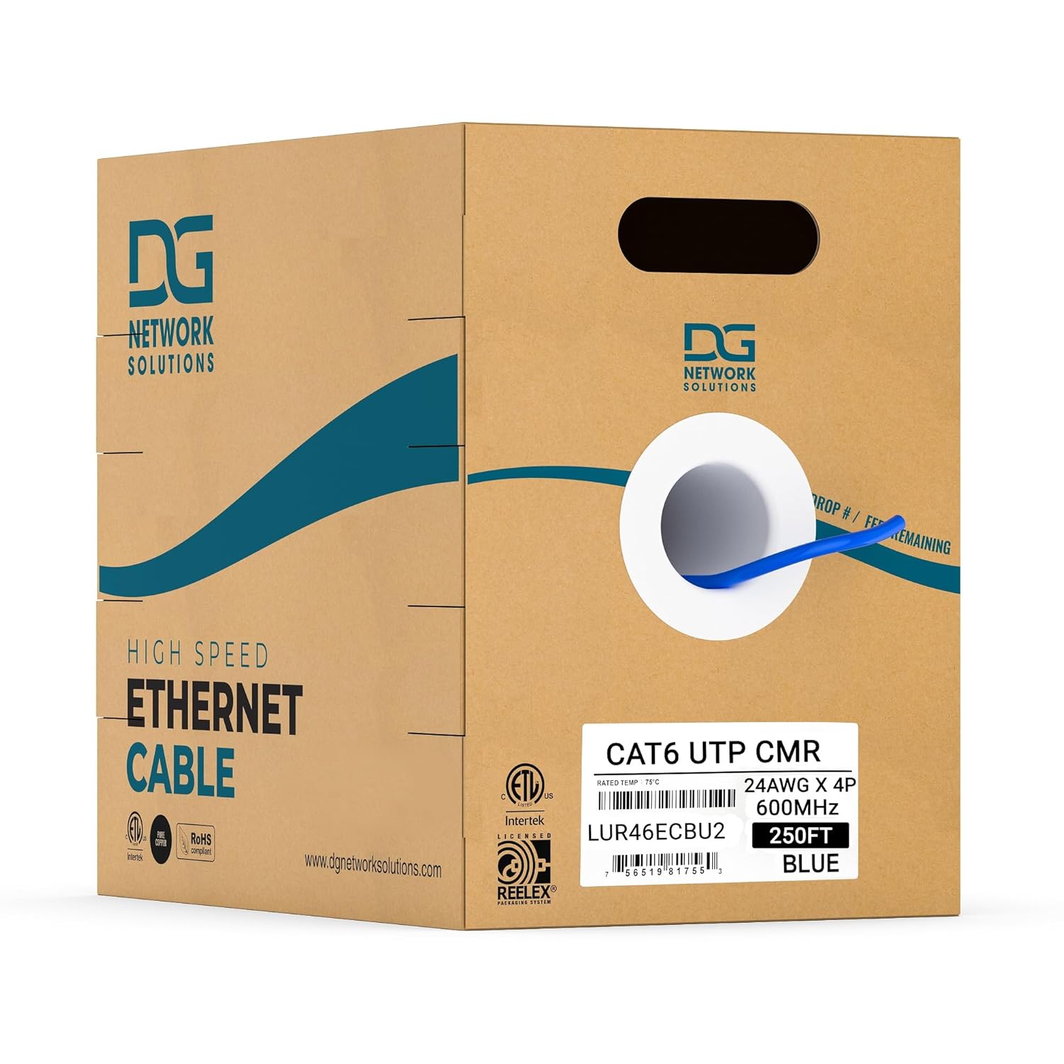 DG Cat6 Riser (CMR), 250ft, Unshielded, 24AWG, with Spline (+), Solid Bare Copper, 600MHz, ETL Listed, Indoor/Home/Commercial Use, Bulk Ethernet Cable, Blue