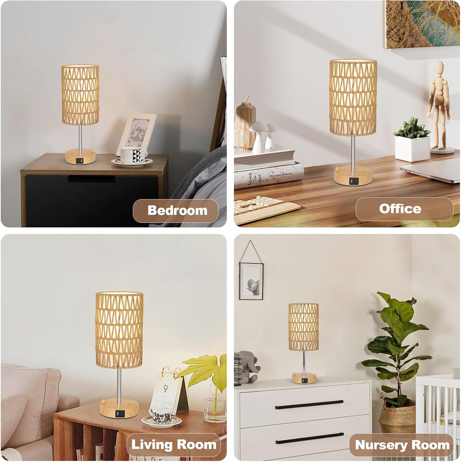 Boho Table Lamp for Bedroom with Bulb, Small Touch Control Table Lamp for Living Room with Rattan & Linen Shade, 3 Way Dimmable Bedside Lamp for Nightstand with USB Charging Port & Phone Stand