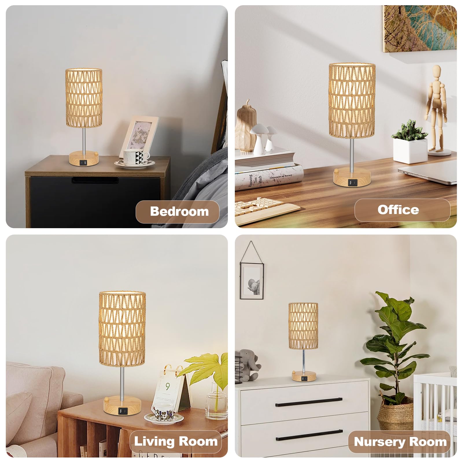 Rayofly Nachttischlampe 2er Set, Touch Dimmbar Nachttischlampe mit Ladefunktion USB A+C-Anschlüssen, Vintage Tischlampe mit Rattan Schirm & LED Glühbirne, Boho Touch Lamp für Schlafzimmer, Wohnzimmer