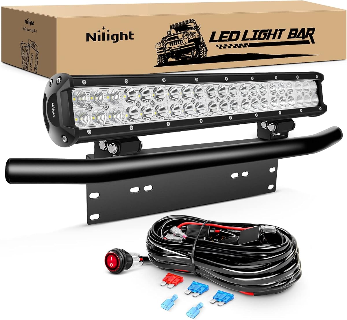 20Inch 126W LED Light Bar Spot Flood Combo Driving Off Road with Front License Plate Mounting Bracket Wiring Harness for Trucks Pickup Car SUV ATV UTV 4x4 Van Camper, 2 Years Warranty