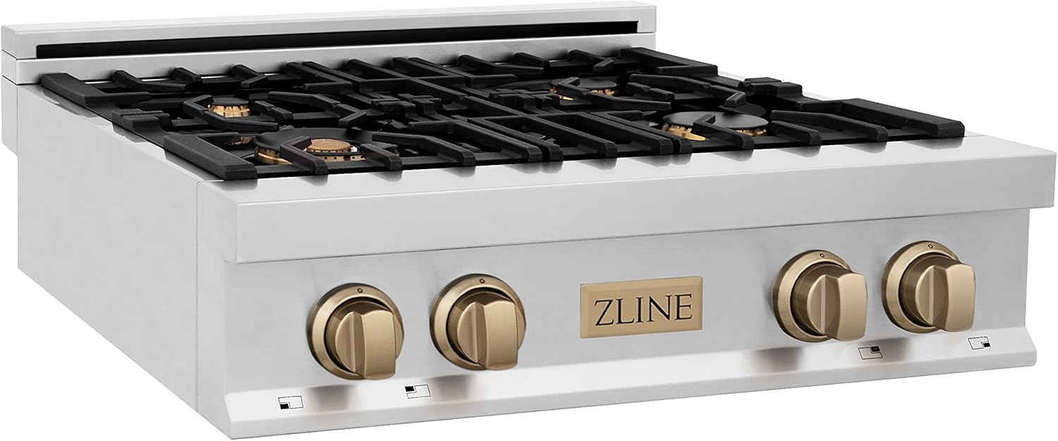 ZLINE Autograph Edition 30 in. Legacy Gas Rangetop with 4 Burners and Porcelain Cooktop in Stainless Steel with Champagne Bronze Accents (RTZ-30-CB)