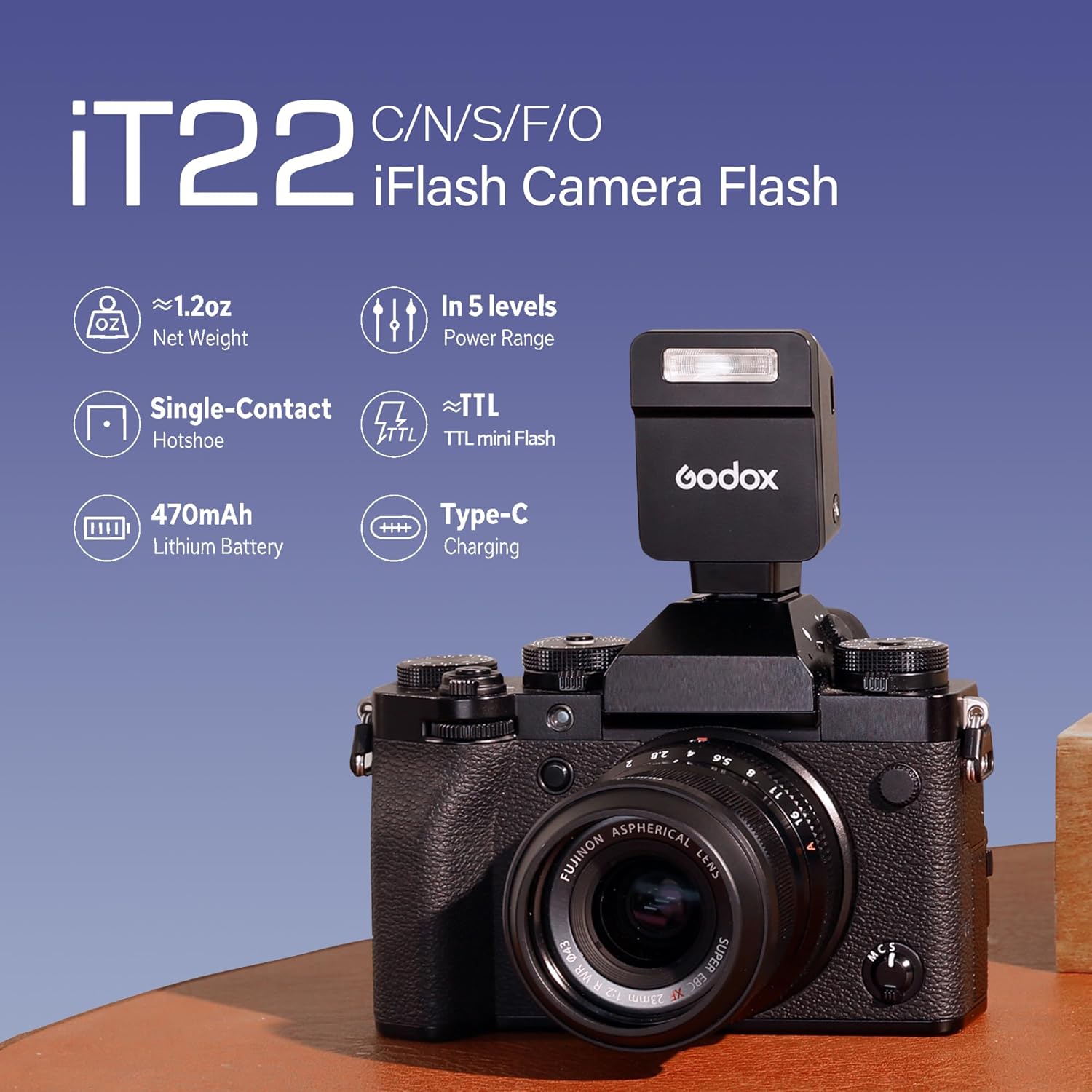 GODOX IT22 O TTL MINI iFlash Camera Flash Light,700+ Flashes & 1.5 s Recycling,6 Stops (1/32 to 1/1 Power),Built in Battery with Magnetic Diffuser & Filter (Black, for Olympus,Panasonic)