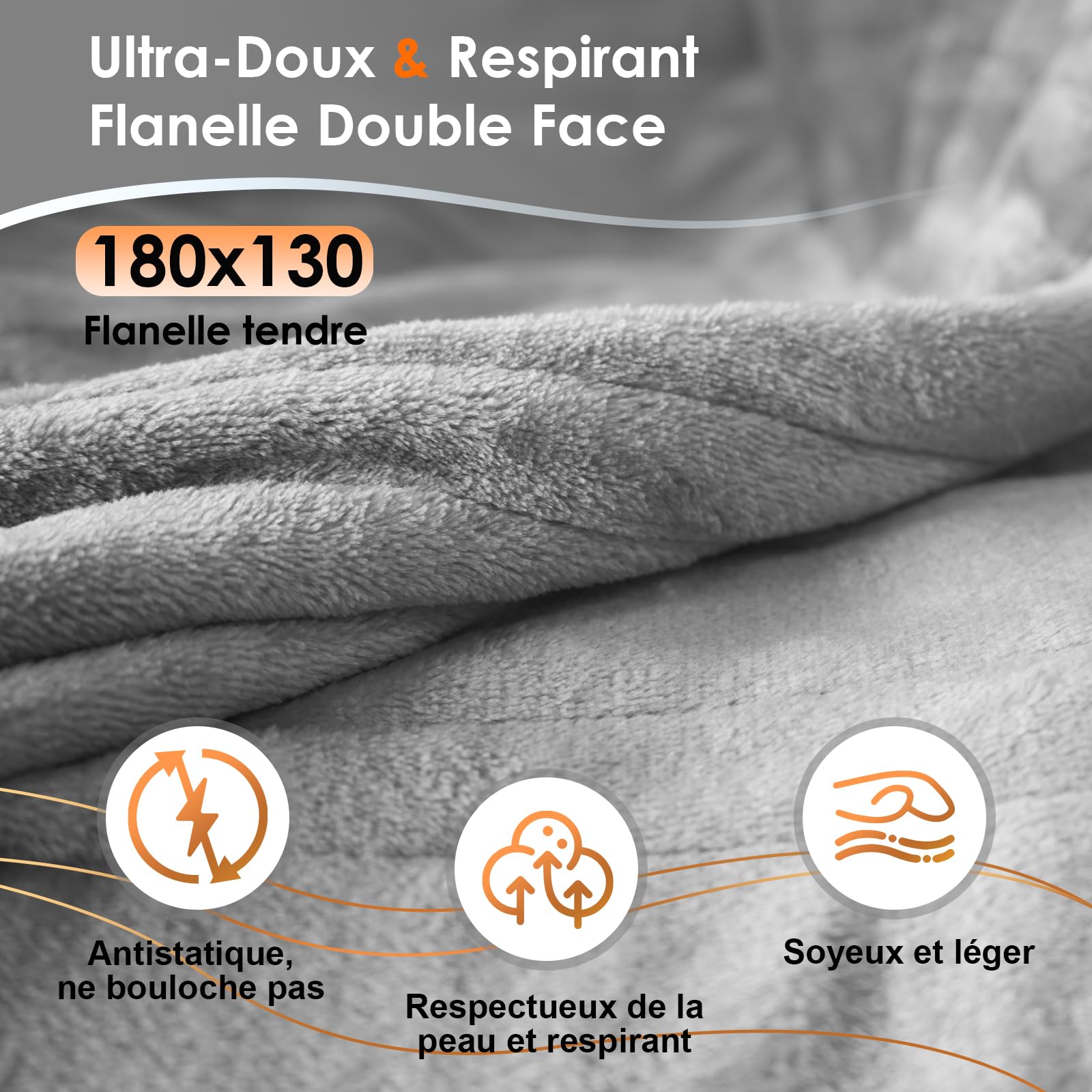 Couverture Chauffante 180x130 cm Double Flanelle 9 Niveaux de Température & Minuterie 1-10H, Lavable en Machine, Chauffage Rapide de 150 W, Plaid Chauffant Doux & Confort Pour 1-2 Personnes tendre