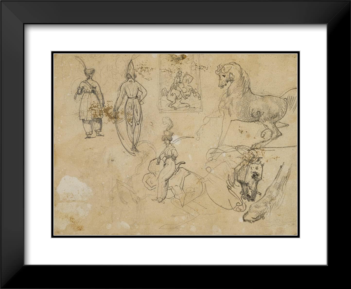 ArtDirect Theodore Gericault 24x20 Black Modern Framed and Double Matted Art Print Titled Sketches of Russian Officers and Horses