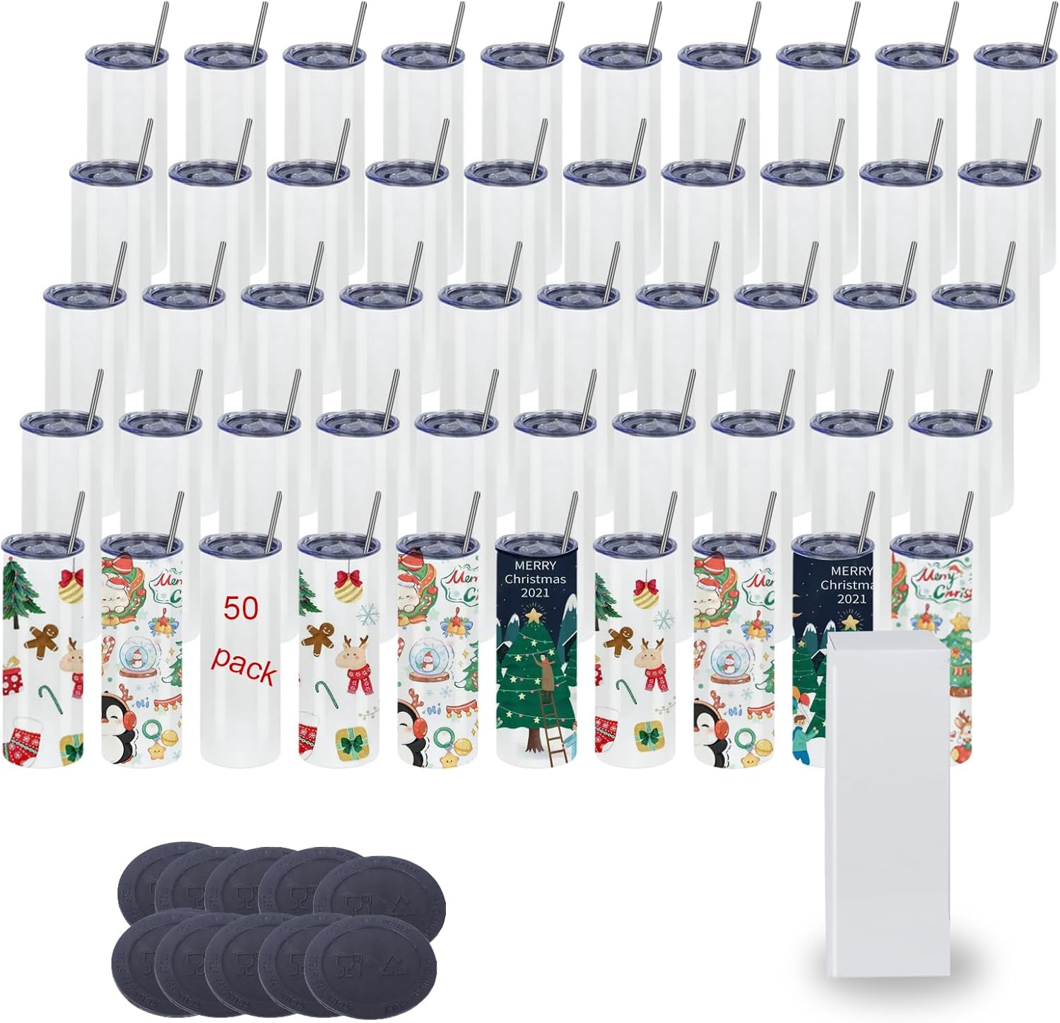 50 Pack 20oz Sublimation Tumblers Bulk With Flat Edge, 20OZ Flat Sublimation Tumbler Blank, Skinny Straight Stainless Steel Blanks Cups with Individual Box (50, 20OZ Flat edge SS straws)