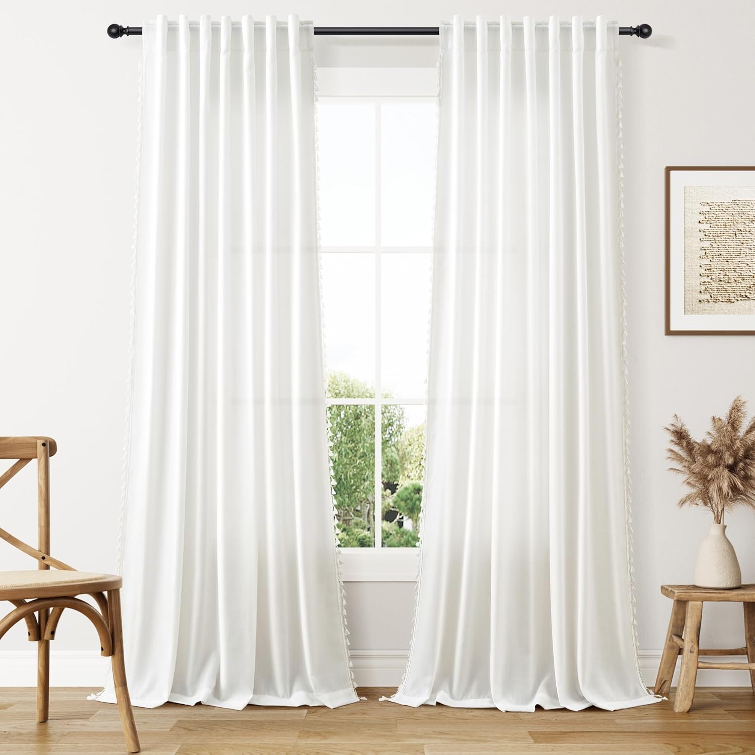 SMABU Off White Boho Linen Curtains 96 Inches Long 2 Panels Set, Light Filtering Semi Sheer Drapes with Back Tab & Rod Pocket, Tassel Decor for Bohemian Farmhouse Living Room, Bedroom, 52x96