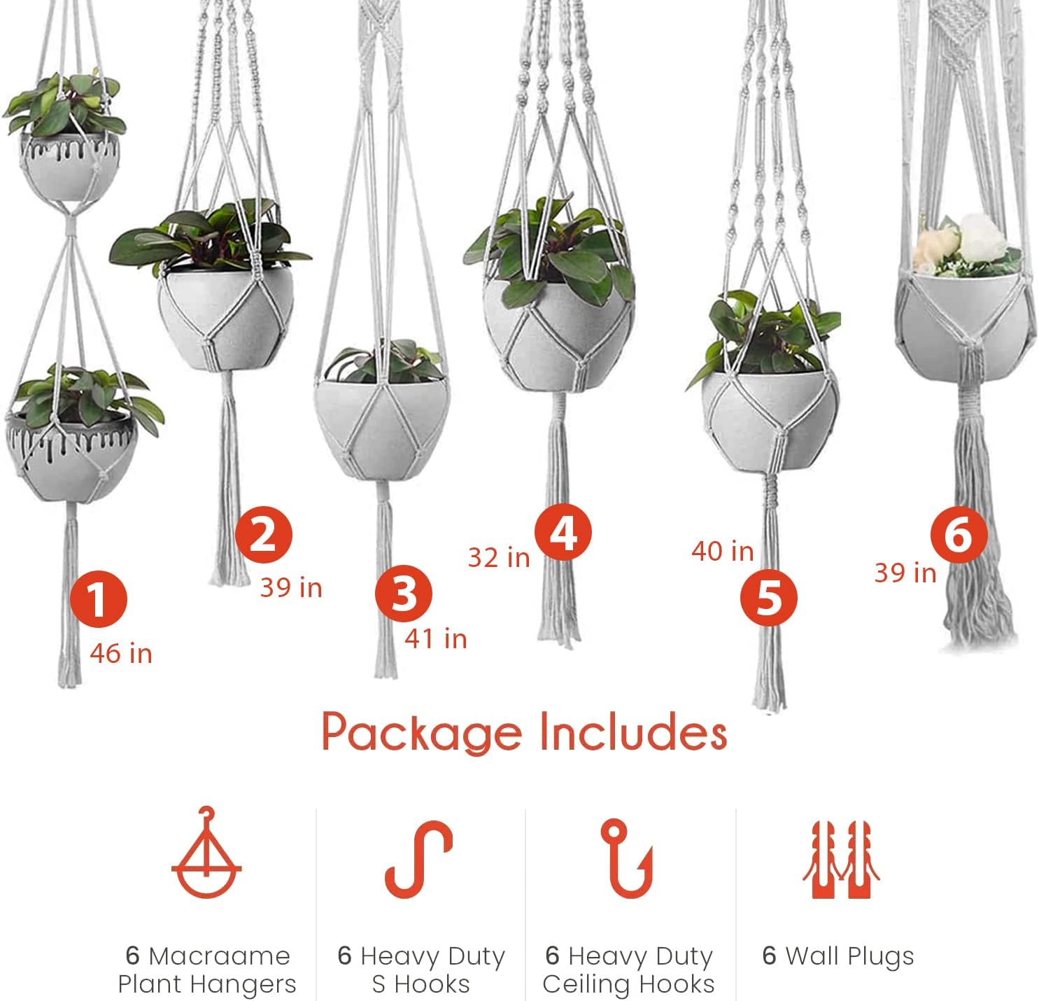 Plant Hanger Indoor, Macrame Plant Hangers Indoor Macrame Hanging Planters for Indoor Plants - 6 Pack Hanging Plant Holders Indoor Hanging, Macromay Plant Hangers for Indoor Plant Hanger,Gray