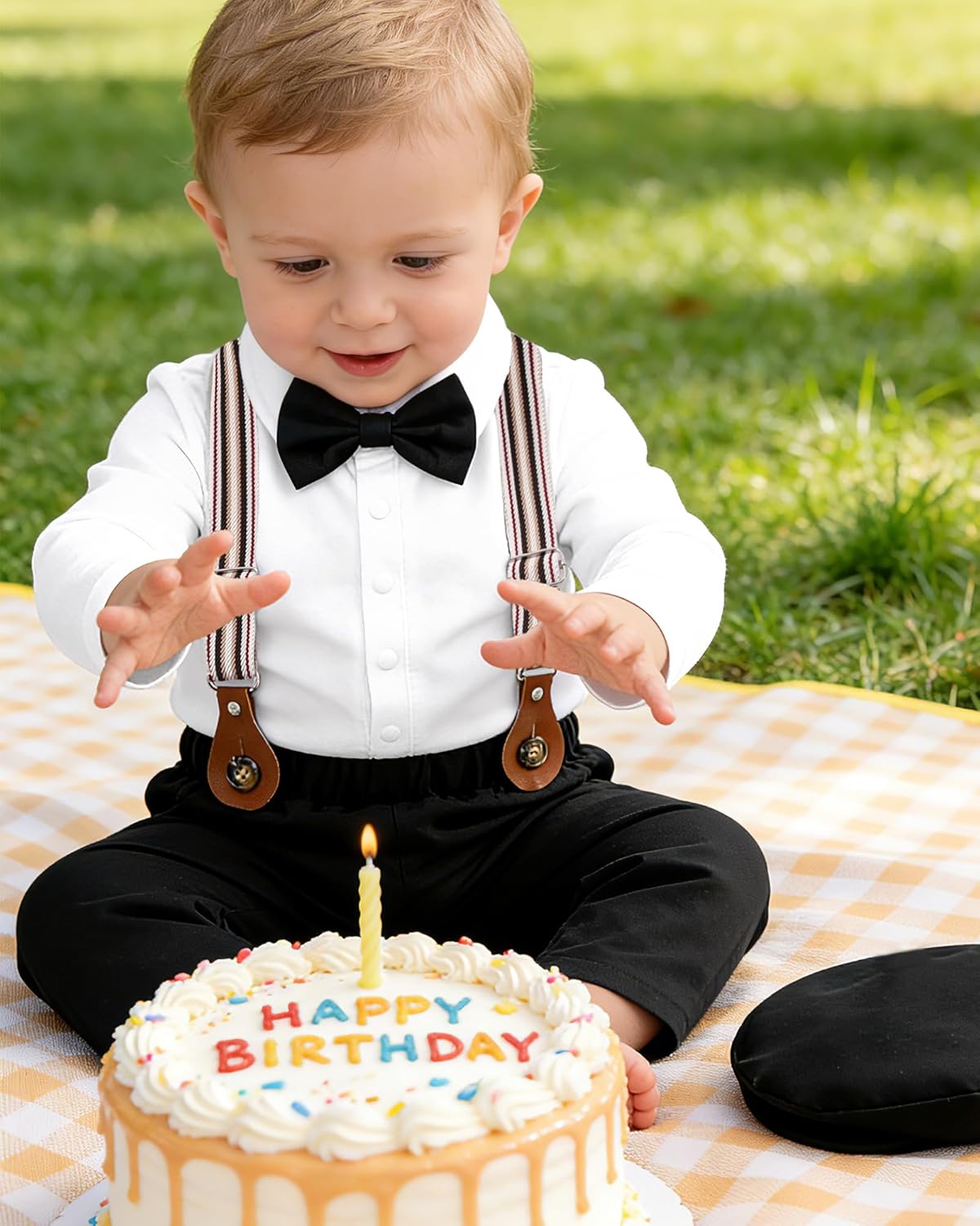 YUEMION Baby Boy Clothes Wedding Outfit Infant Tuxedo Gentleman Suits Dress Shirt+ Beret Hat +Suspender Pants +Bowtie 0-18M