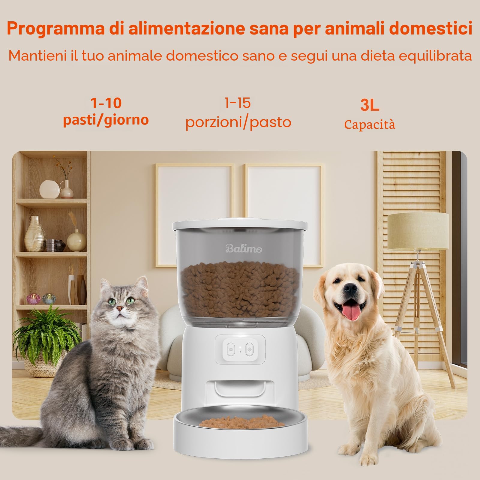 Balimo Distributore Automatico Cibo Gatti, 2.4G WiFi Dispenser Crocchette Gatto, 3L Distributore Automatico Cibo Cani, Adatto Controllo App, Da 1 a 10 Pasti al Giorno, Adatto Per Cani e Gatti, Bianco