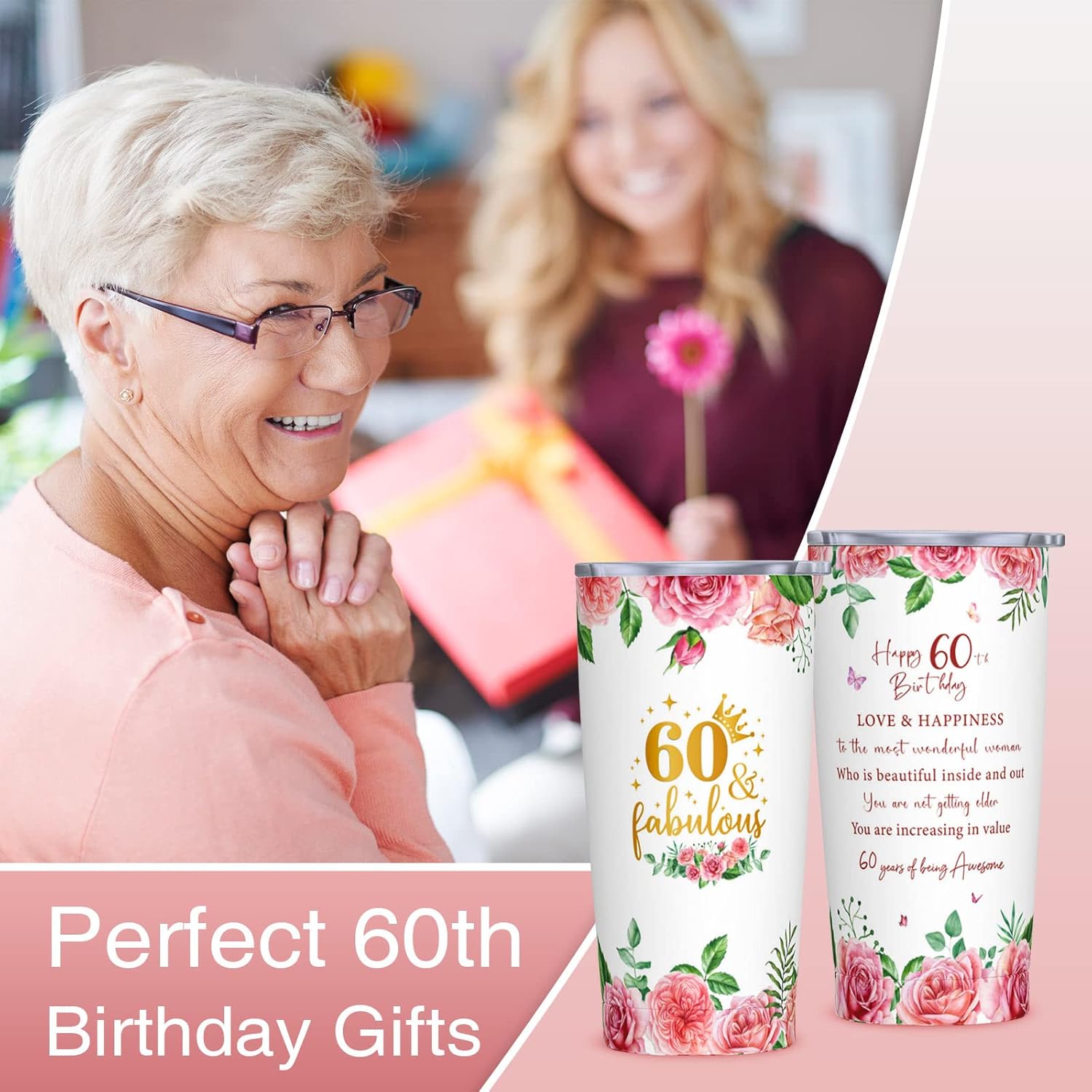 60th Birthday Gifts for Women, Birthday Gifts for 60 Years Old Woman, 60th Bday Gift Ideas, 1966 Bday Gift for Women, 60 Years Old 20oz Tumbler for Woman - Image 2