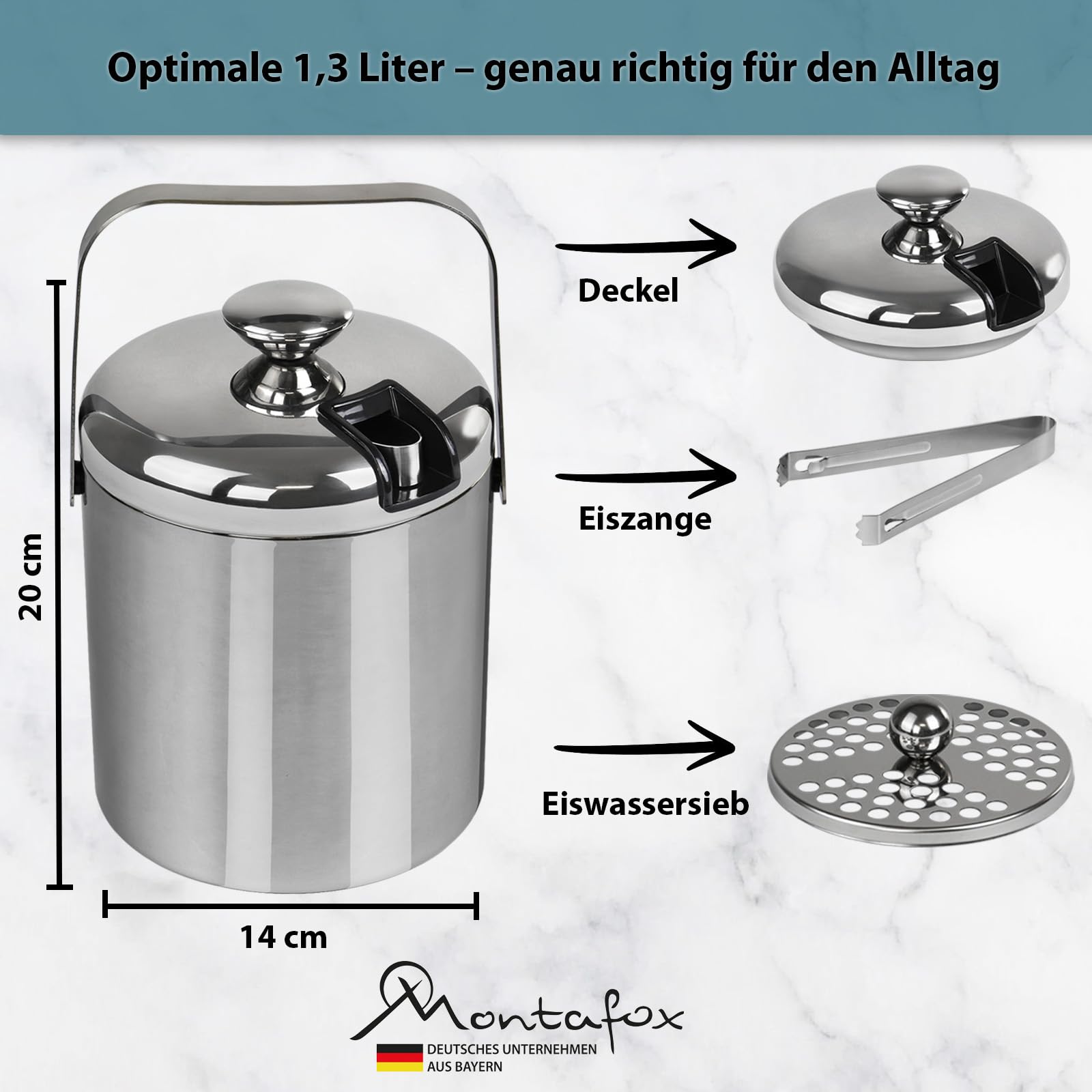 Montafox Edelstahl Eiswürfelbehälter 1,3 Liter Doppelwandig Eiswürfelkühler 100% BPA frei Eiseimer Eiswürfel Aufbewahrung Eiskübel Isoliert