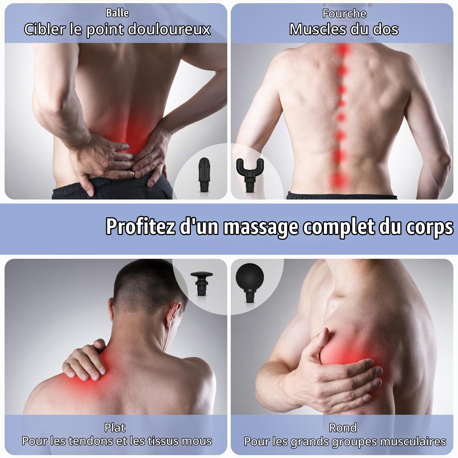 BIBIRE Pistolet de Massage Musculaire avec poignée étendue, Masseurs Électriques Portables Masseur des Tissus Profonds, 4 Têtes de Massage et l'Écran LCD Pour Soulager Douleurs et Raideurs Musculaires