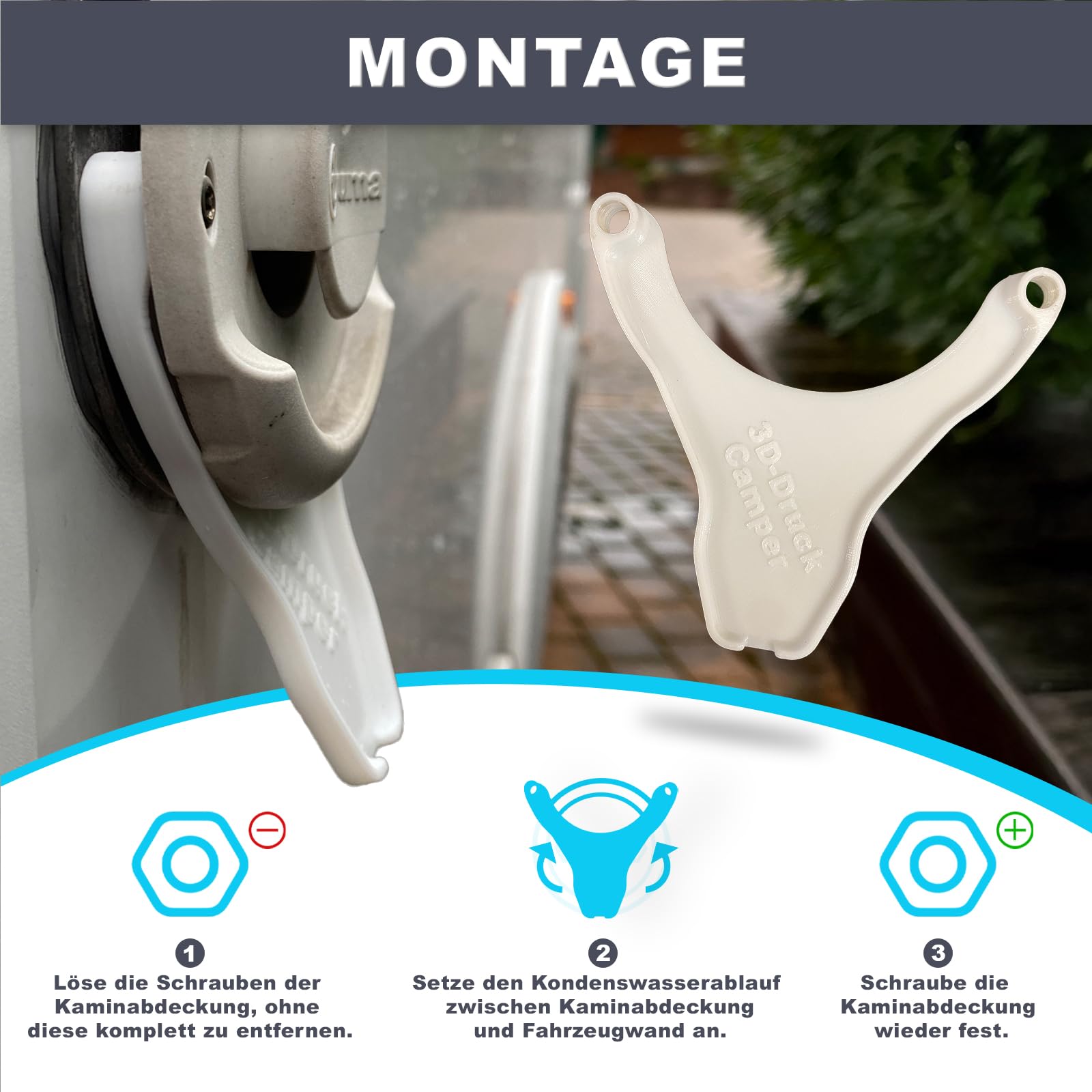 3D-Druck Camper Déflecteur de condensation flexible pour camping-car, compatible avec les couvercles Truma et toutes les couvertures de cheminée avec un espacement des trous de 96 mm (blanc)