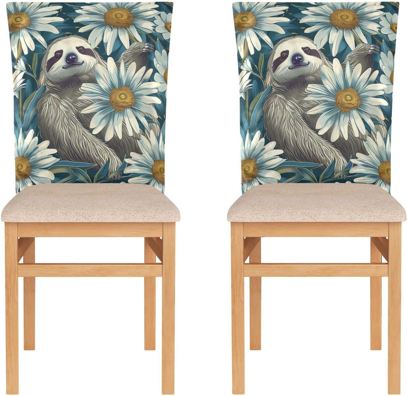 ALAZA Sloth Daisy Flowers Blue Chair Back Cover Set of 6, Washable Reusable Removable Chair Slipcovers Decorative Chair Cover for Home Kitchen Wedding Party