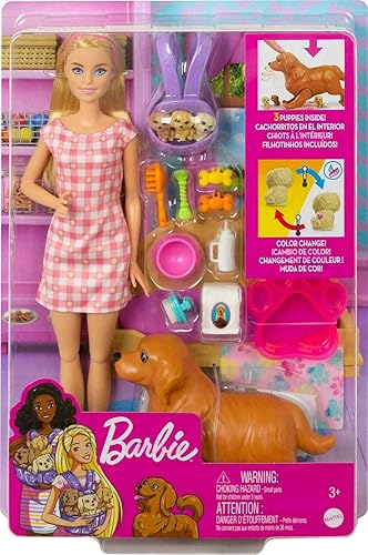 Miniatura 7 de Barbie Muñeca y accesorios para cachorros recién nacidos con muñeca rubia mamá perro 3 cachorros y 11 piezas juguetes y regalos para niños