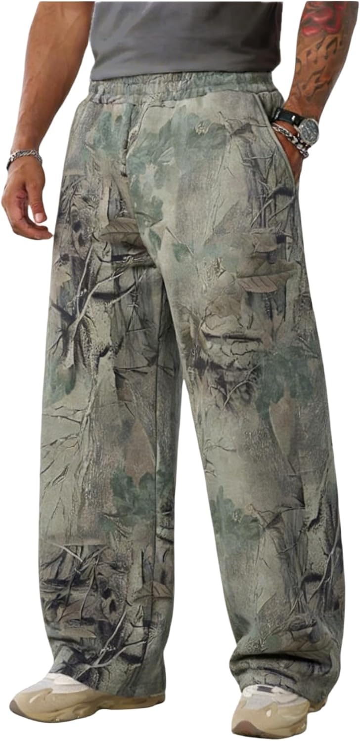 Mens Camo Sweatpants Wide Leg/Cuffed/Striped Baggy Sweat Pants Gym Athletic Elastic Waist with Pockets S-XXL