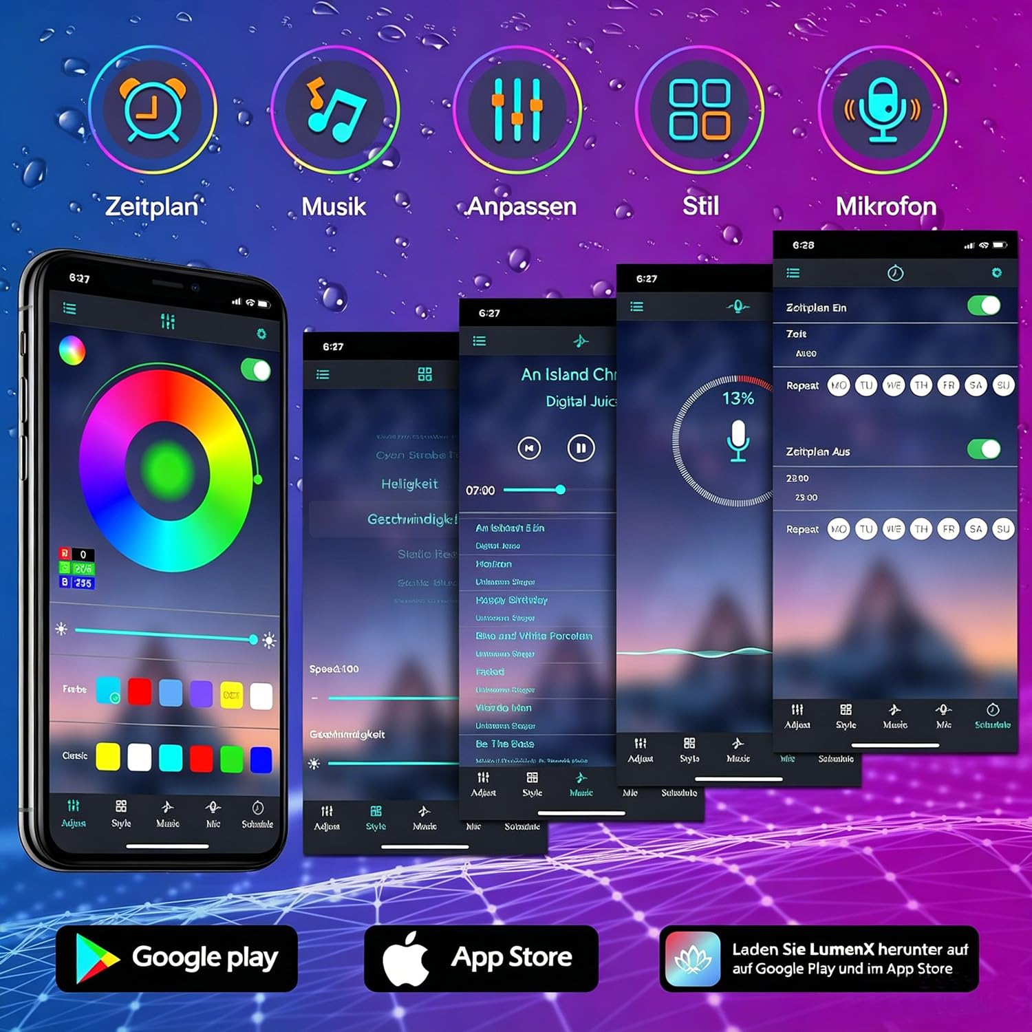 15M LED Streifen Außen Wasserdicht IP68, RGB Musik-Synch Aussenlichtband mit App & Fernbedienung, Selbstklebender Farbwechsel-Lichtschlauch für Balkon, Terrasse, Pool, Garten