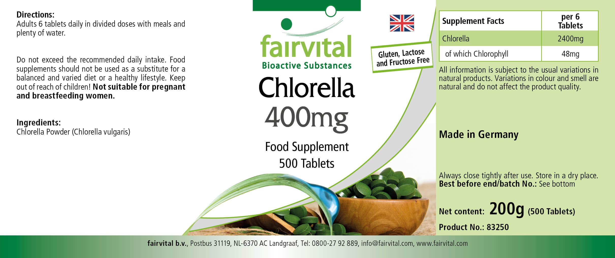 Comprimés de chlorella fairvital 400mg, 500 comprimés, faciles à avaler, HAUTEMENT DOSÉS, 100% poudre d'algue chlorella (Chlorella vulgaris), VÉGÉTALIEN
