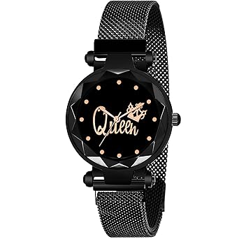 Rozti Black Dial Magnet Strap Mesh Belt Quartz Wrist Watches Women & Girls