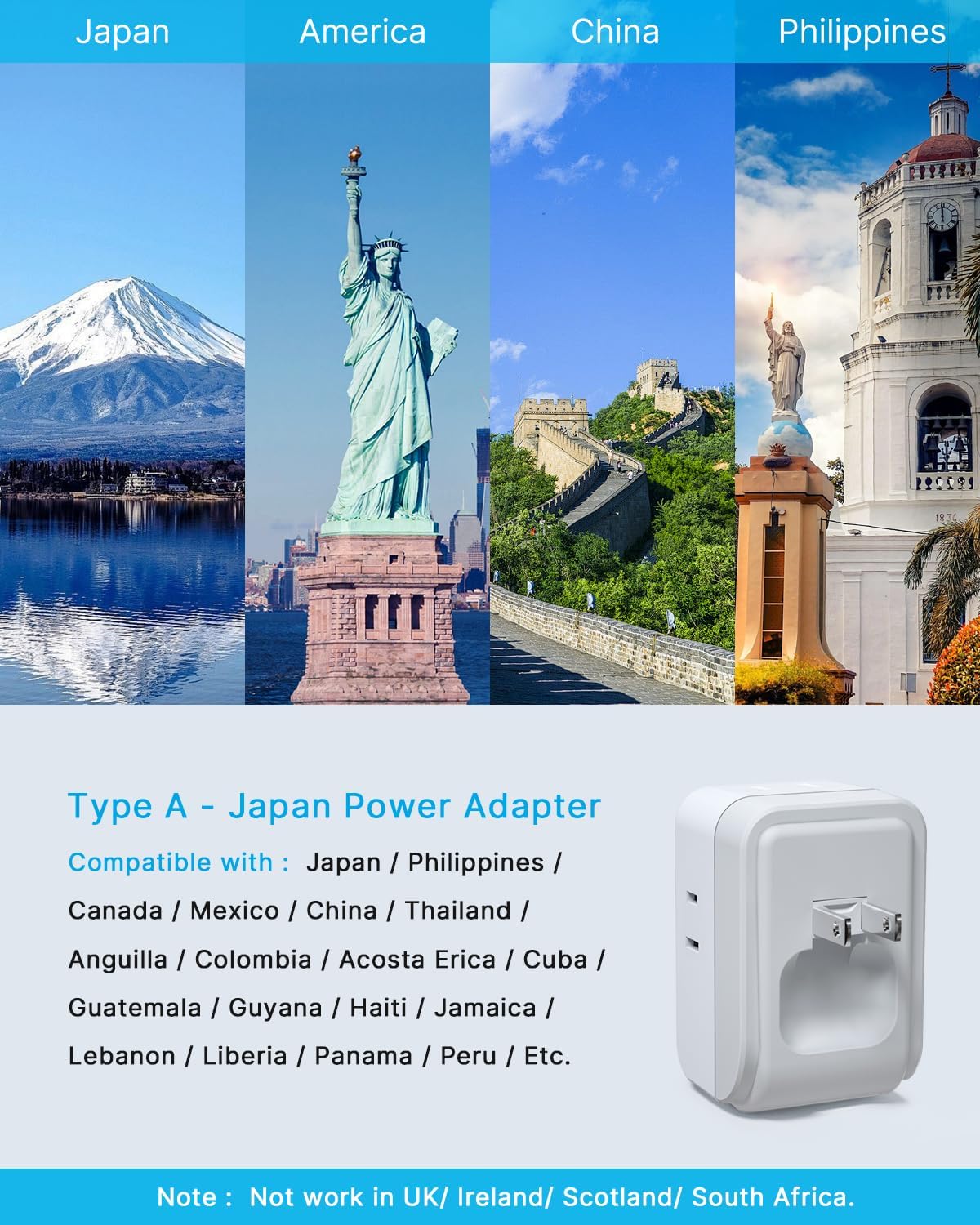 2 Pack US to Japan Plug Adapter, VINTAR Foldable Japan Power Adapter with 4 Outlets and 3 USB Ports(2 USB C), 2 Prong to 3 Prong Outlet Adapter for USA to Japan China Canada Philippine, Type A