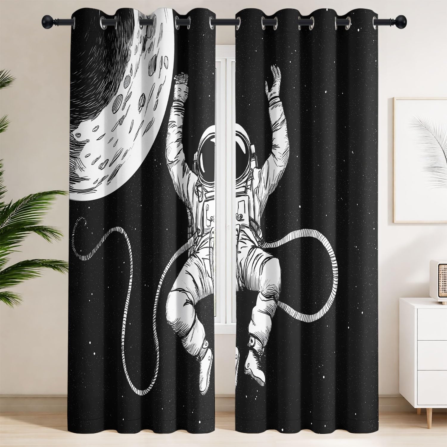 Tende Oscuranti Termiche e Isolanti Tuta Astronauta Luna Spazio - Tende da Interno 135 x 200 CM | Set di 2 Pannelli Stile Sci-Fi Hardcore Linea Spazio per Sala gaming geek, camera ragazzo, studio