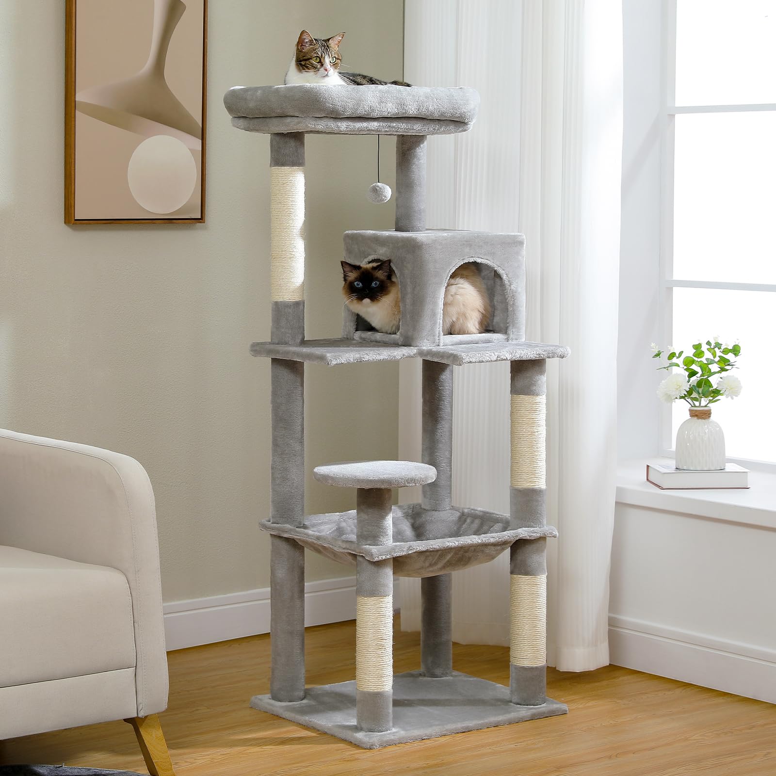 PAWZ Road Árbol para gatos con hamaca de peluche de metal, torre para gatos adultos con casa condo de 2 puertas, estantes para gatos de 6 niveles con postes rascadores y gran percha superior gris, 143