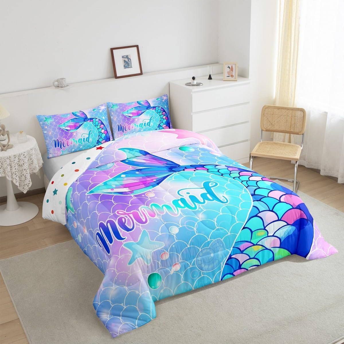 Little Mermaid Queen Rainbow Scales Comforter Set - Mermaid Printed Pattern Bedding Comforter Set for Toddler Kids' Bedroom, Ocean Life Duvet Insert for All Season