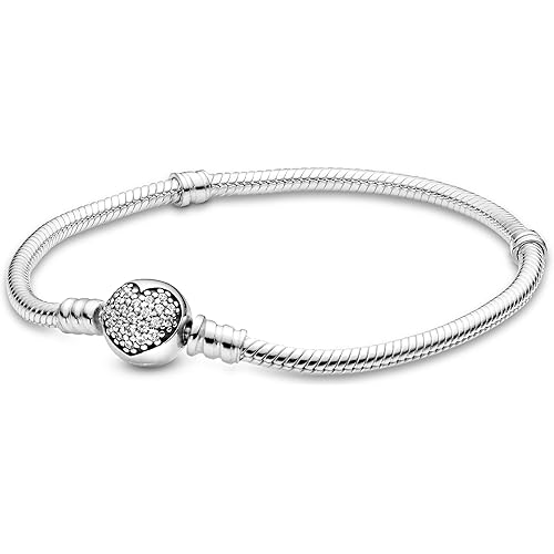 Pandora Moments Sparkling Heart Clasp Snake Chain Bracelet - Compatible Moments Charms - Sterling Silver & Cubic Zirconia Charm Bracelet for Women - Gift for Her - 7.9"