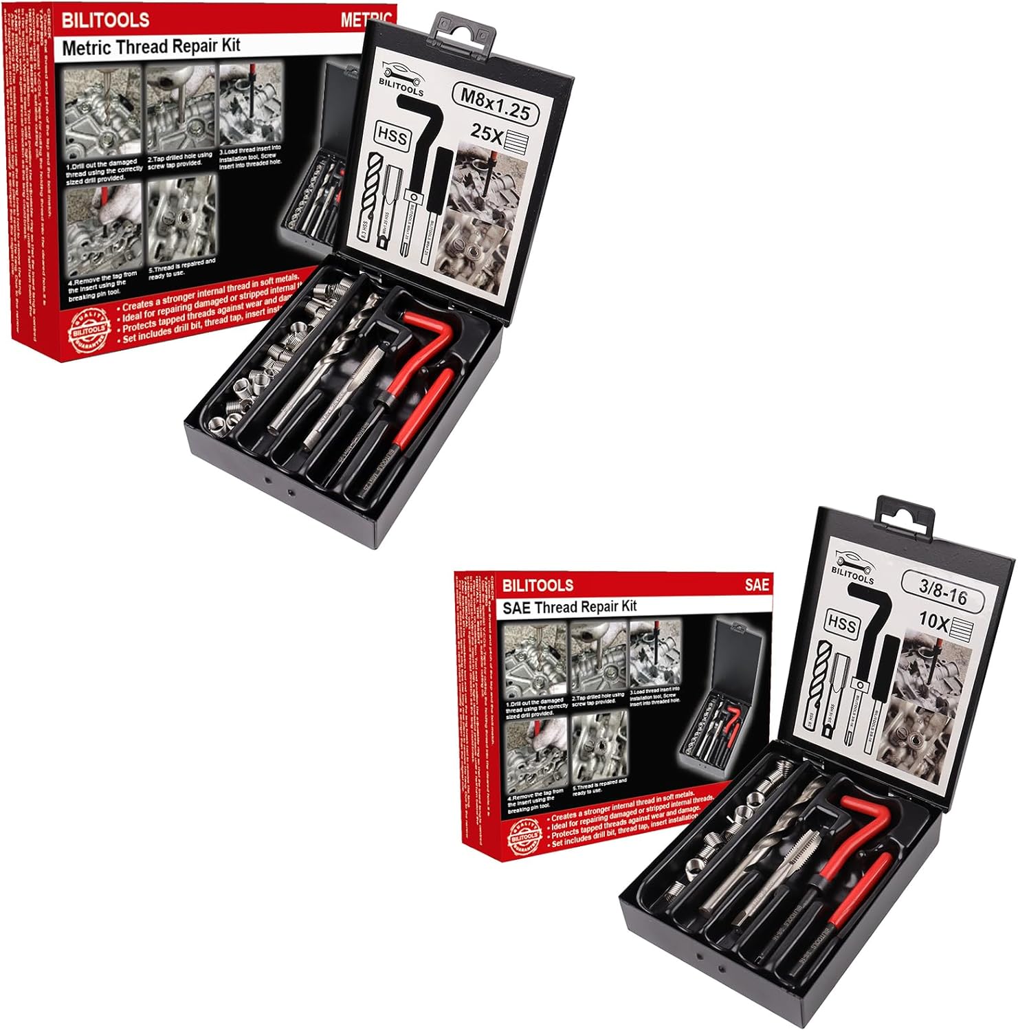BILITOOLS M8x1.25 and 3/8-16 inch Thread Repair Kit, HSS Drill Helicoil Repair Kit Metric and SAE