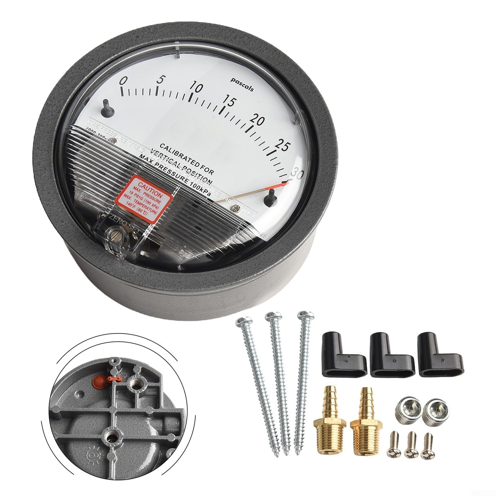Analoges Differenzdruck-Manometer, 0–30 Pa bis 0–750 Pa Bereich, Aluminium, für Luftgasmessung in Reinräumen, HVAC, Pharmazeutischen und Aquakultur (0–30 Pa)