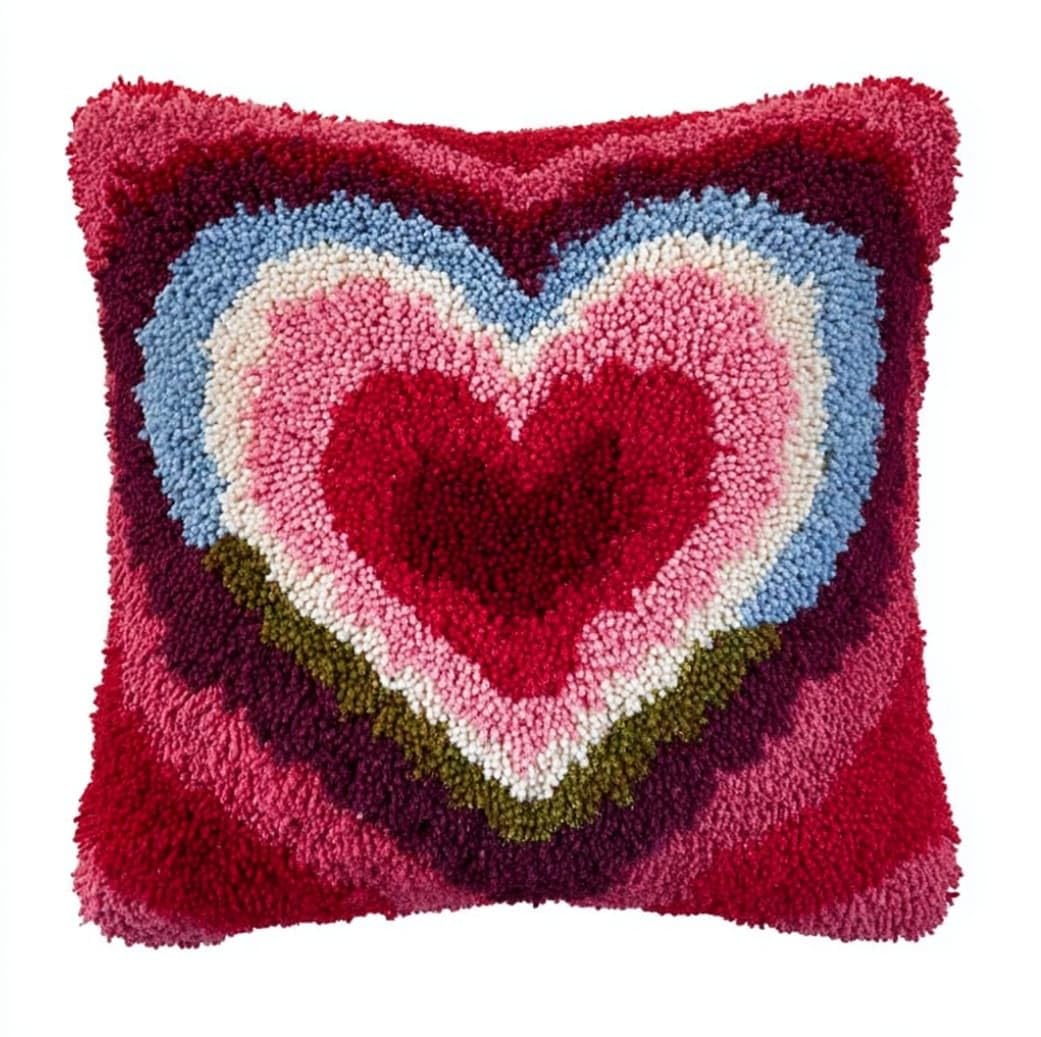 Henypt Latch Hook Craft Kit 17x17 Inch,Beautiful Heart Complete Embroidery Cushion Kit,Creative Craft Stress Relief Handmade Gift for Beginners