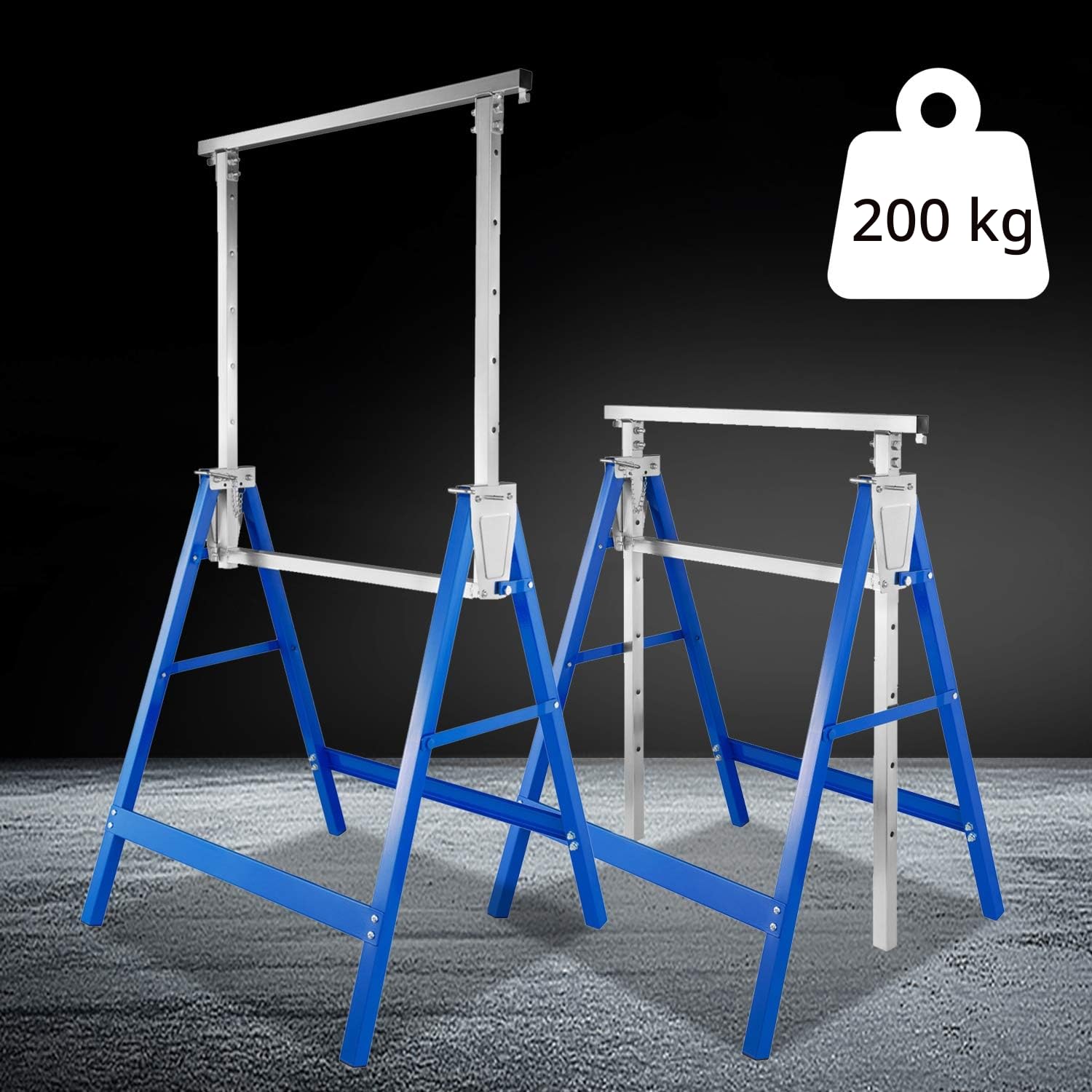 2 Set Caballetes Telecópicos, Soportes plegables para andamios de trabajo portátiles, Altura ajustable de 80-130 cm, carga máx. de 200 kg, Azul