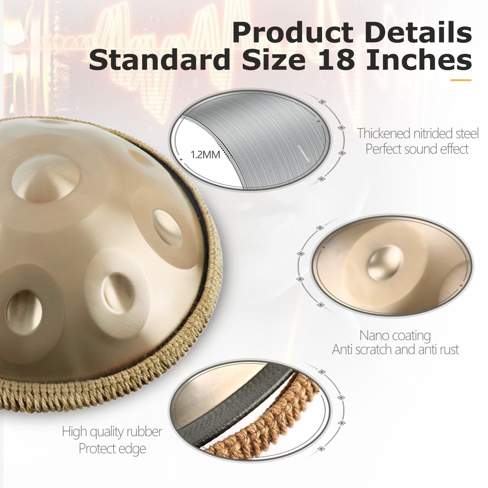 Handpan Strumento Musicale, 18 pollici 432 Hz 9 note in Acciaio Tongue Drum in sol Minore con Bacchette, Supporto per batteria, Borsa per Meditazione Yoga